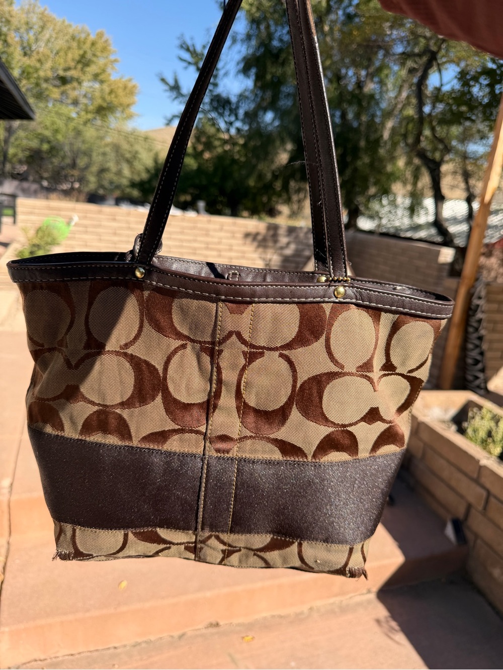 Vintage Coach Signature Stripe Tote Bag Brown Tan Y2K #10724 2006